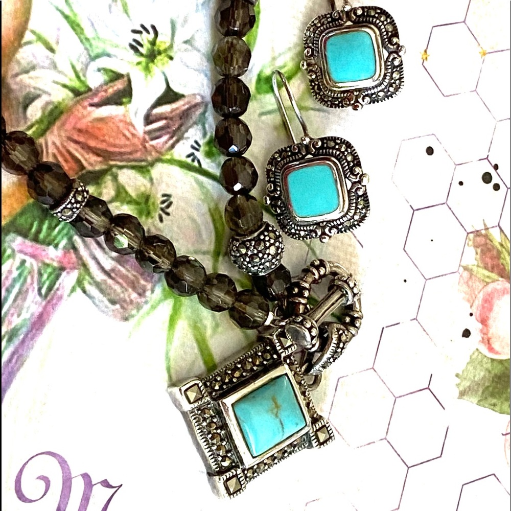 SMOKY TOPAZ, TURQUOISE, & HEMATITE, Toggle Necklace, Earrings, Perfect Like New!